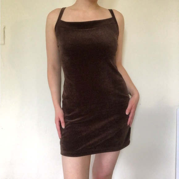 Vintage 90s Sparkly Brown Velour Mini Dress - Picture 1 of 8